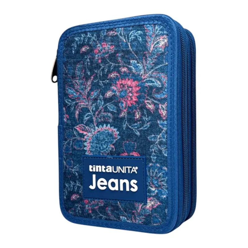 Astuccio 3 Zip Tinta Unita Jeans Flower - Completo di Accessori