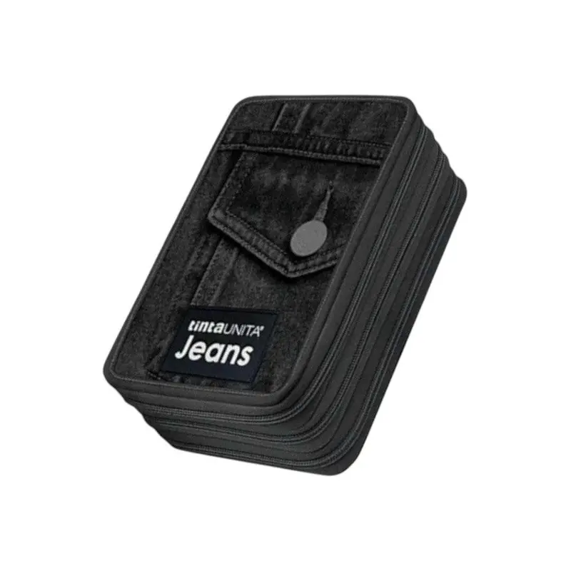 Astuccio 3 Zip Tinta Unita Jeans Nero - Completo di Accessori