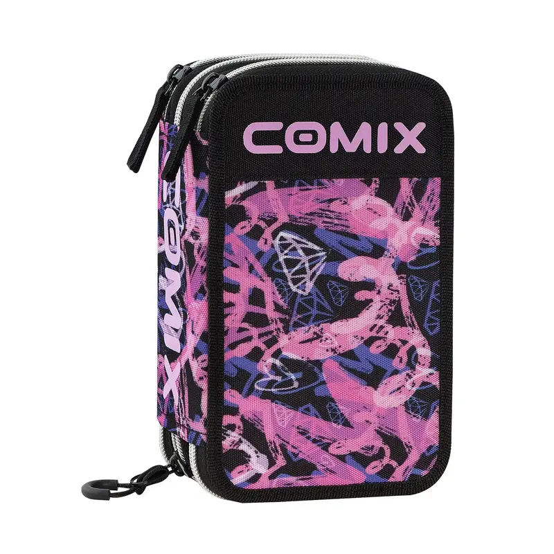 Astuccio scuola Comix 3 zip Princess nero rosa completo