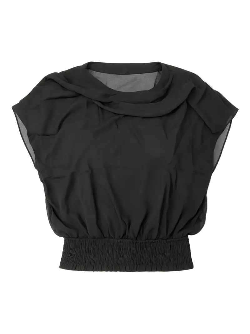 Camicia di chiffon nera da donna, tunica elegante a due strati, maniche a pipistrello corte, fodera elastica, top trasparente scollo rotondo, taglia K-L