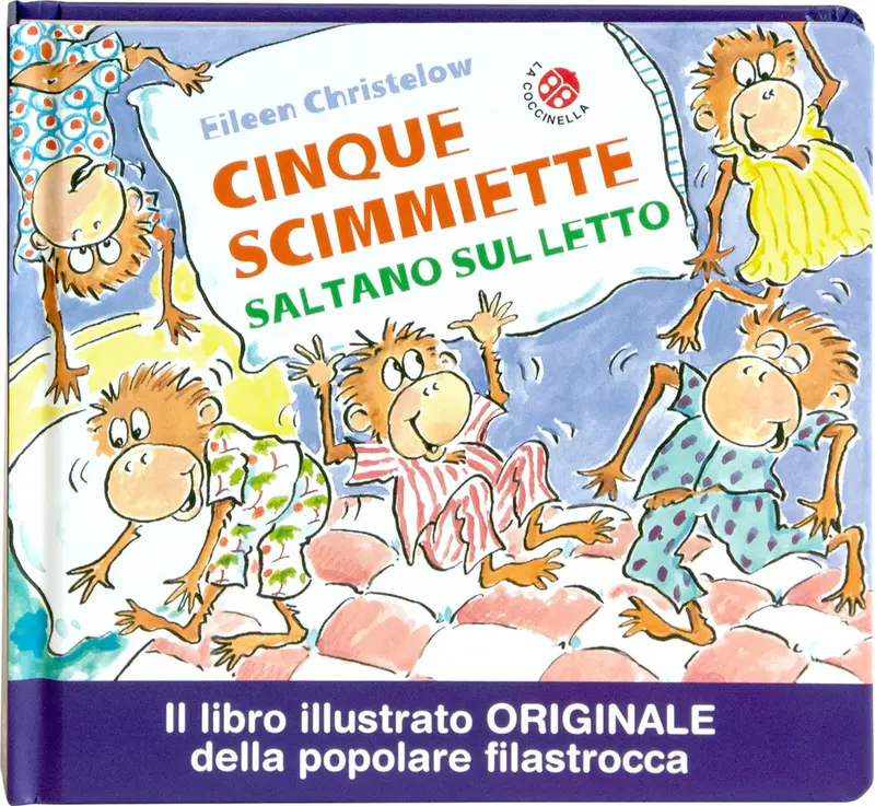 Cinque scimmiette saltano sul letto