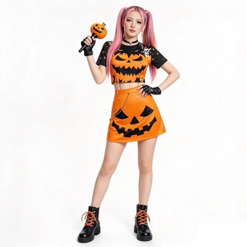 Costume Donna Zucca Halloween Stile K-Pop | Crop Top + Gonna + Catena Taglia S
