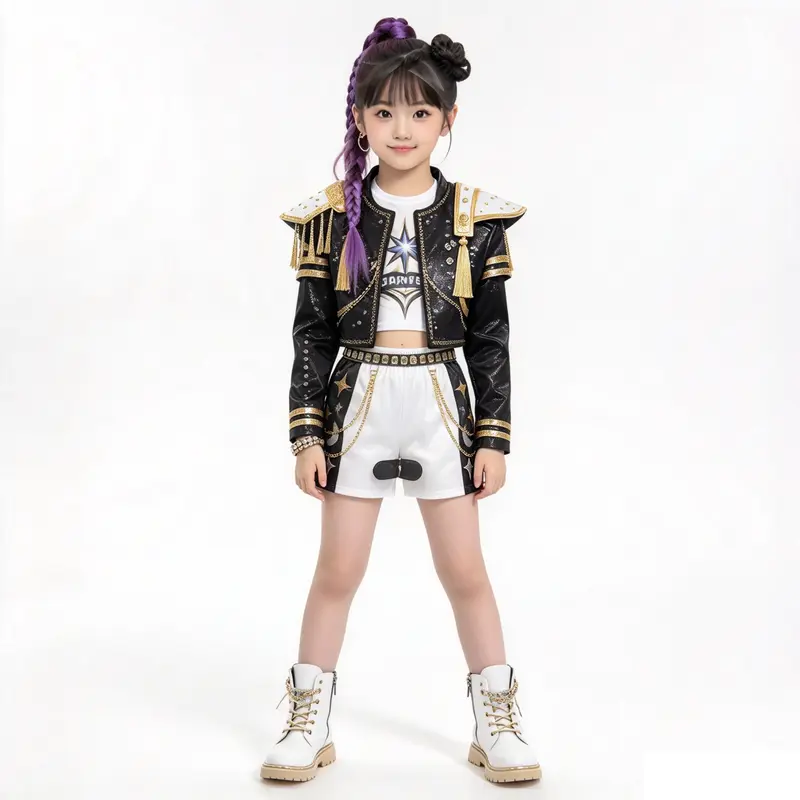 Costume K-Pop Dance Huntrix Bambina 7-9 anni | Outfit Idol Nero Bianco Oro