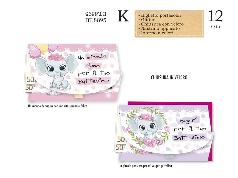 CROMO BIGLIETTI BATTESIMO FEMMINA PORTASOLDI BT.8895 - Conf da 12
