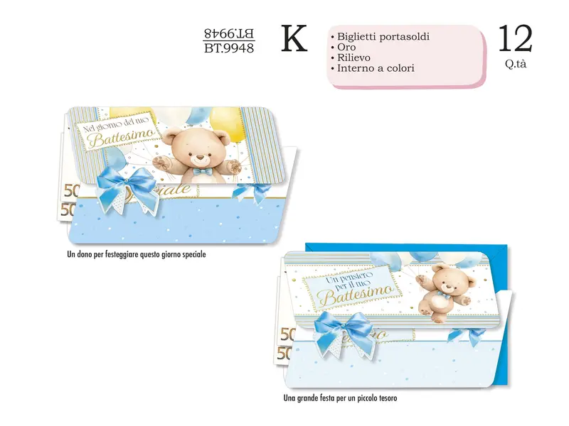 CROMO BIGLIETTI BATTESIMO PORTASOLDI AZZURRO BT.9948 - Conf da 12