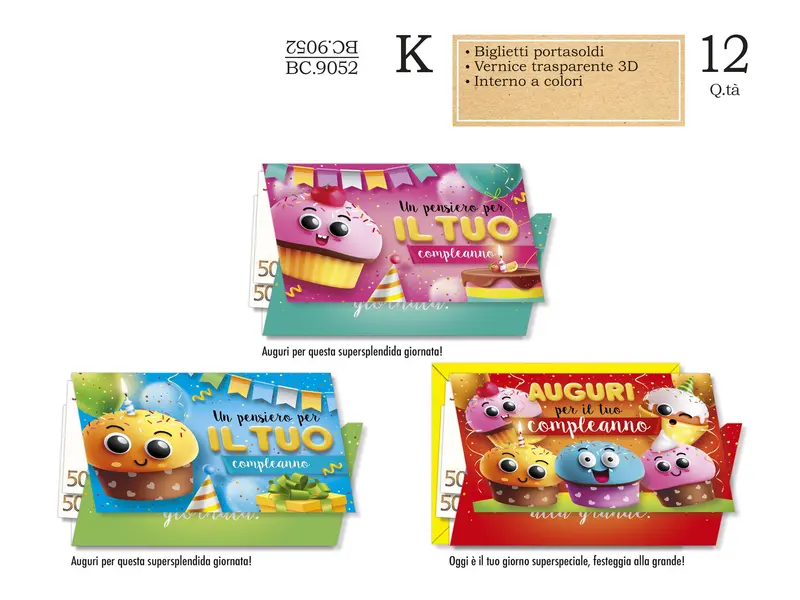 CROMO BIGLIETTI COMPLEANNO BAMBINI PORTASOLDI BC.9052- Conf da 12