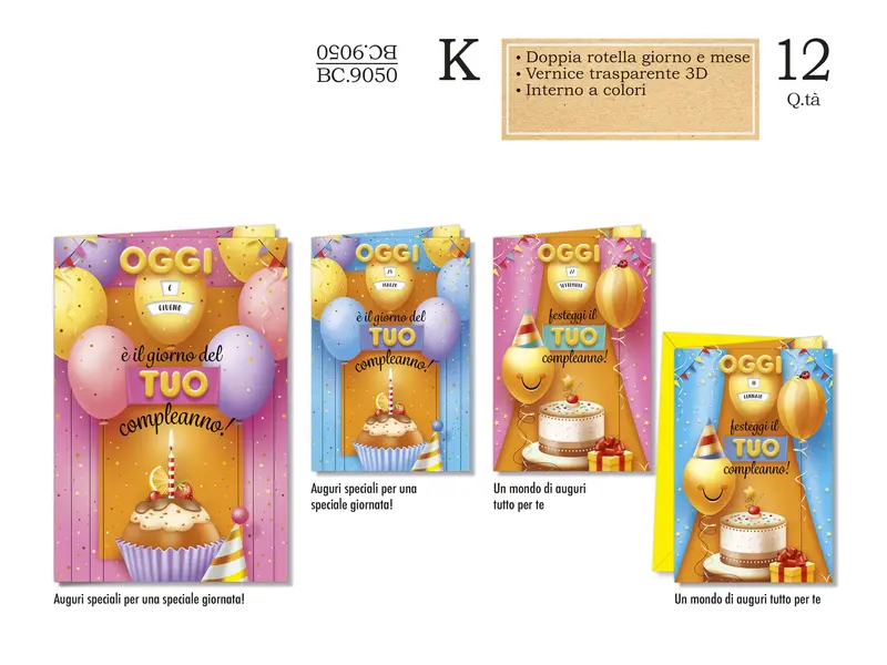 CROMO BIGLIETTI COMPLEANNO BAMBINI ROTELLA BC.9050- Conf da 12