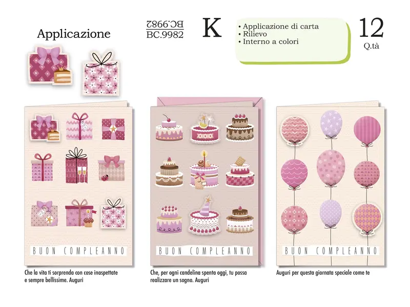CROMO BIGLIETTI COMPLEANNO FEMMINILE APPLICAZIONE BC.9982 - Conf da 12