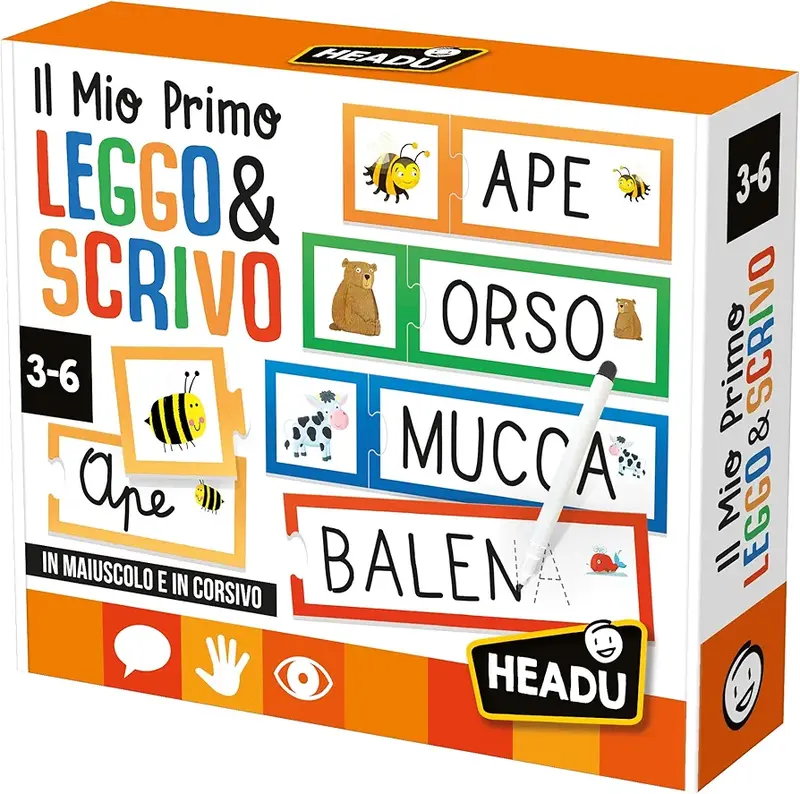 HEADU - Il Mio Primo Leggo e Scrivo, Imparo a Leggere e Scrivere a tre anni, Un Gioco Educativo per Bambini dai 3 ai 6 anni, Made in Italy