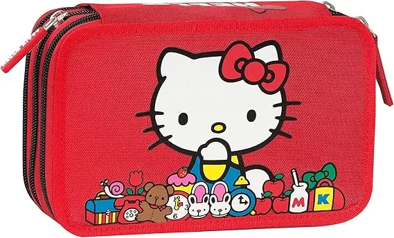 HELLO KITTY - Astuccio Scuola Ufficiale Hello Kitty, Astuccio 3 Scomparti Bambino e Bambina con Set Cancelleria, Penna Cancellabile Blu e Pratica Chiusura a Zip, 20x13Hx7 cm