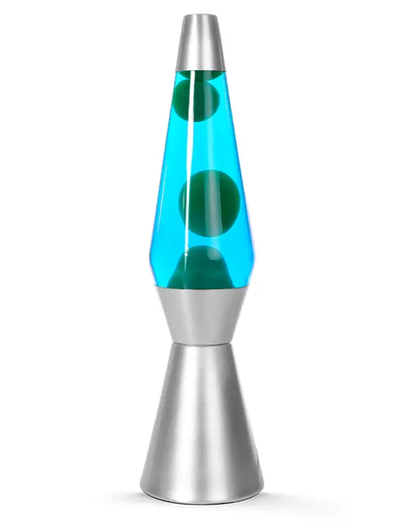Lampada Lava 36 cm con Base Argentata Liquido Blu Cera Verde