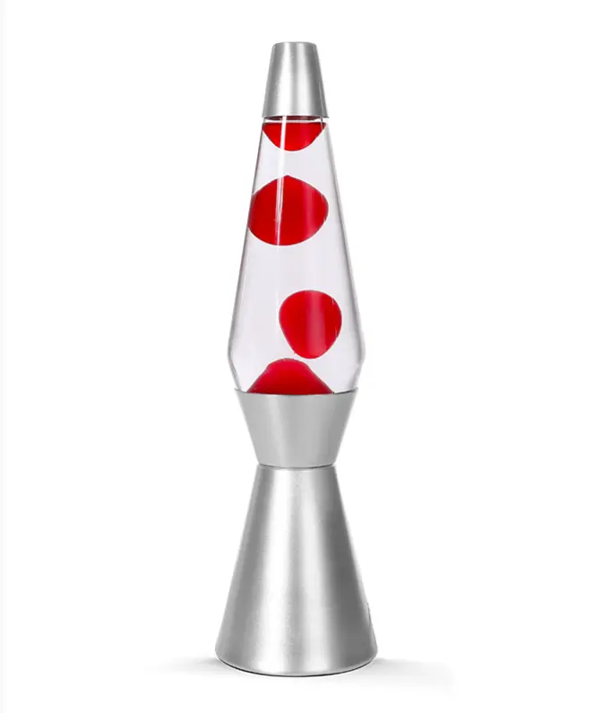 Lampada Lava 36cm Base Argentata Liquido Trasparente, Cera Rossa