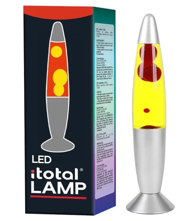 Lampada Lava LED con Luce Gialla, Cera Rossa Base Argentata
