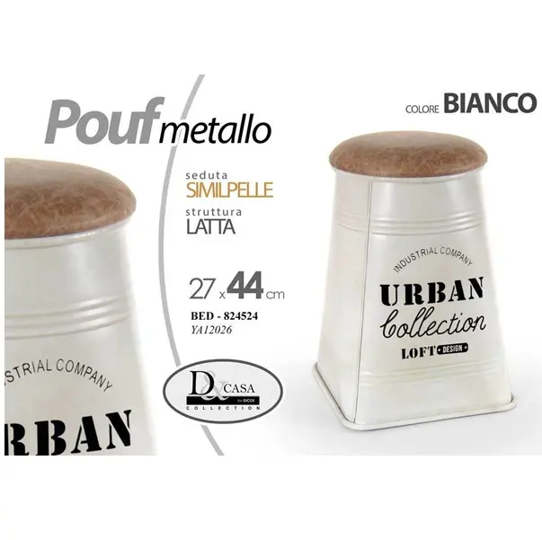 Pouf in metallo decorato seduta in simipelle 27x44 cm bianco