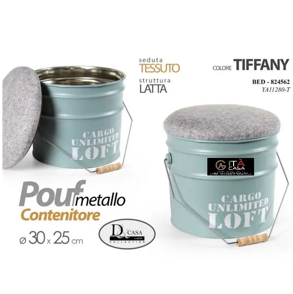 Pouf Poggiapiedi tondo contenitore seduta tessuto celeste