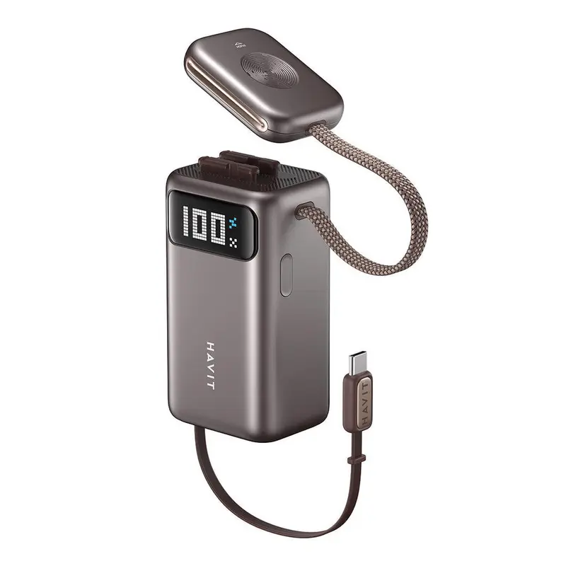 Power Bank Portatile HAVIT PB36 da 10000 mAh con cavo USB-C retrattile, caricabatterie magnetico per smartwatch e display digitale