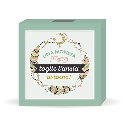 Salvadanaio Decorativo in Legno 16x16 cm – «Una moneta al giorno toglie l’ansia di torno!»