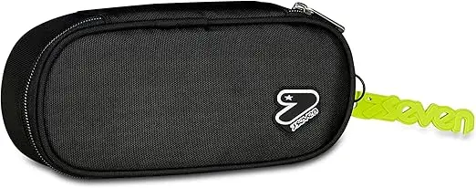 Seven Portapenne Scuola Round Plus TECH LINE, Nero, Astuccio ovale, Taschino interno, Passanti elastici, bustina