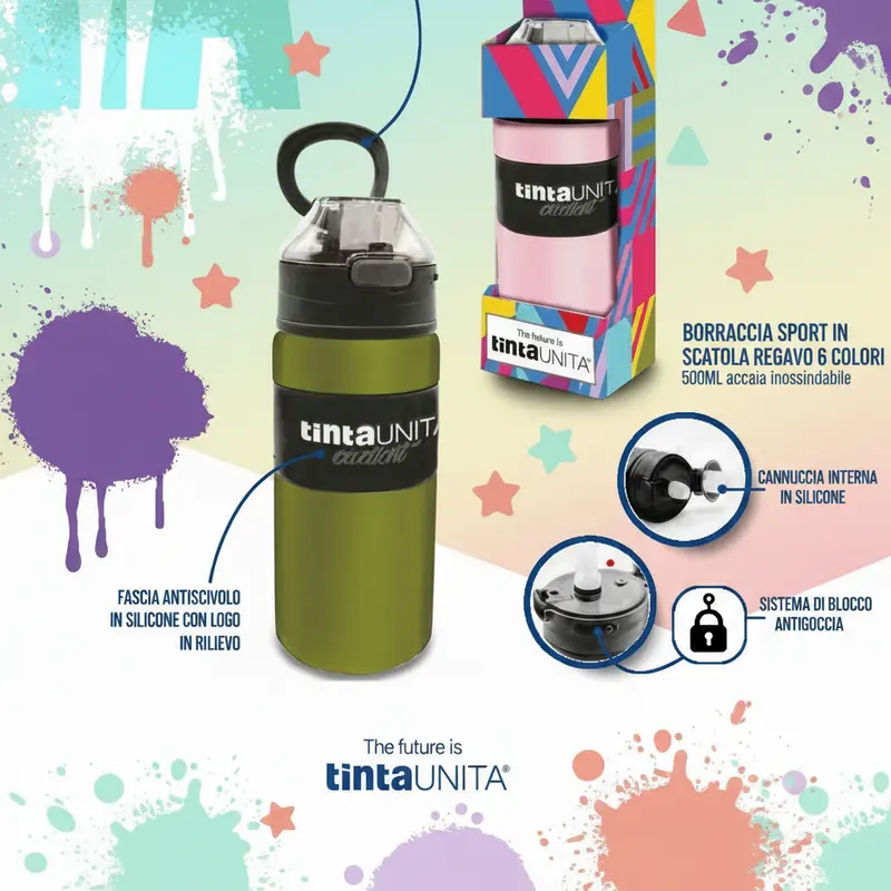 Tinta Unita Borraccia Termica Sport 500 ml con Cannuccia – 12h Caldo/Freddo, Confezione Regalo