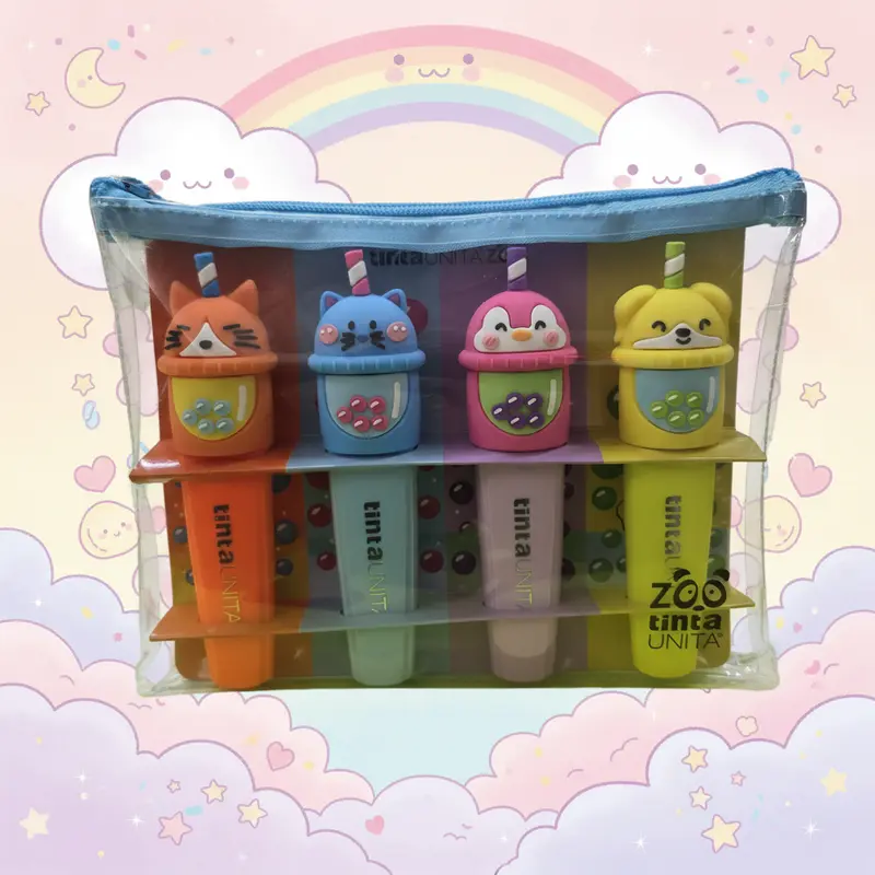 Tinta Unita Zoo - Set 4 Evidenziatori con Topper 3D Animaletti + Astuccio Silicone